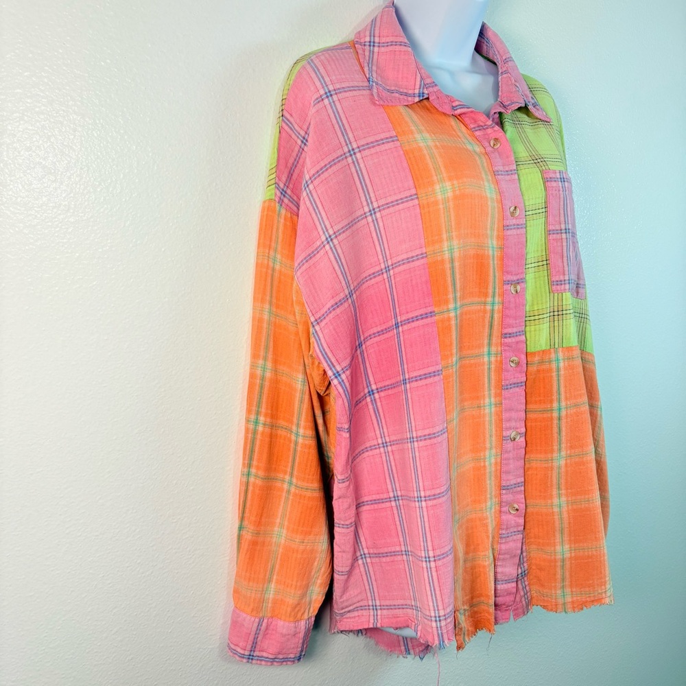 BiBi Patchwork Plaid Button Down Long Sleeve Raw … - image 3